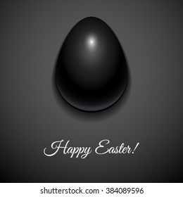 Happy Easter greeting card design with creative black glossy easter egg on dark background and sign Happy Easter, vector illustration.