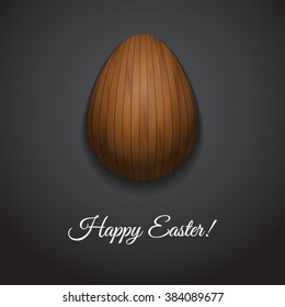 Happy Easter greeting card design with creative wooden easter egg on dark background and sign Happy Easter, vector illustration.
