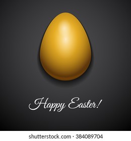 Happy Easter greeting card design with creative gold glossy easter egg on dark background and sign Happy Easter, vector illustration.
