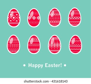 Happy Easter greeting card design with red traditional ornate Easter Eggs. - Vector illustration
