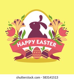 Happy easter greeting card design. Rabbit silhouette, spring flowers on background of white egg, red ribbon with text and decorated eggs nearby. Fluffy purple hare vector illustration in flat style
