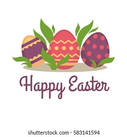 Happy easter greeting card design. Decorated holiday eggs and green leaves foliage on plate. Colorful greeting card elements isolated on white background. Vector illustration in flat style