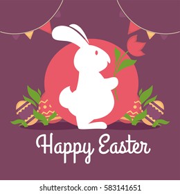 Happy easter greeting card design. Rabbit silhouette with flower on background of red circle, decorated eggs and green foliage, holiday garlands. Fluffy white hare vector illustration in flat style