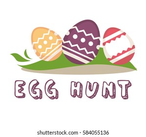Happy easter greeting card design. Decorated holiday eggs and green leaves foliage on plate. Colorful greeting card elements isolated on white background. Vector illustration in flat style
