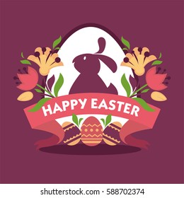 Happy easter greeting card design. Rabbit silhouette, spring flowers on background of white egg, red ribbon with text and decorated eggs nearby. Fluffy purple hare vector illustration in flat style