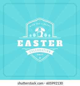 Happy Easter Greeting Card Design text template and badge vector design. Happy Easter typography message vintage style on blue background.
