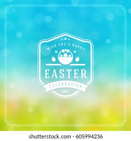 Happy Easter Greeting Card Design text template and badge vector design. Happy Easter typography message vintage style on bokeh light background.
