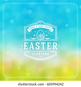Happy Easter Greeting Card Design text template and badge vector design. Happy Easter typography message vintage style on bokeh light background.
