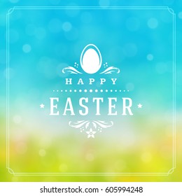 Happy Easter Greeting Card Design text template and badge vector design. Happy Easter typography message vintage style on bokeh light background.