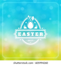 Happy Easter Greeting Card Design text template and badge vector design. Happy Easter typography message vintage style on bokeh light background.