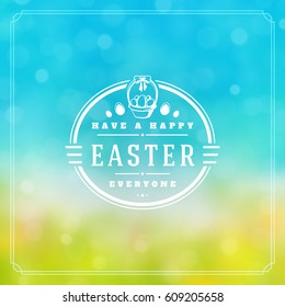 Happy Easter Greeting Card Design text template and badge vector design. Happy Easter typography message vintage style on bokeh light background.