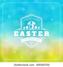 Happy Easter Greeting Card Design text template and badge vector design. Happy Easter typography message vintage style on bokeh light background.