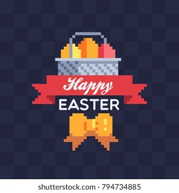 Happy Easter greeting card design, logo. Pixel art. Basket with Easter eggs. Spring holiday. Isolated vector illustration. Sticker design.