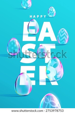 Happy Easter greeting card design with 3D glass eggs and white inscription in perspective. Festive vector banner.