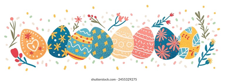 Happy Easter greeting card with different colored eggs and spring flowers pastel colors holiday celebration card horizontal