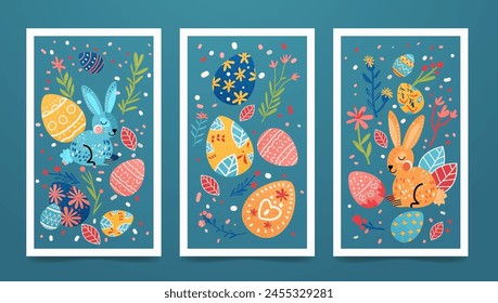 Happy Easter greeting card with different colored eggs and spring flowers pastel colors holiday celebration card horizontal