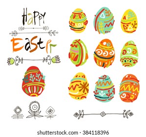 Happy Easter greeting card or display vector poster. Acrylic lettering brush. Design elements set of easter eggs for your design.
