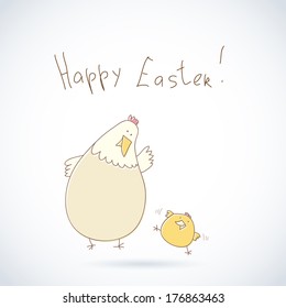 happy easter greeting card doodle template with cute chickens color colour cute vacation rooster egg chicken nails hand poultry holiday drawn art caricature painting fingers giving science comic image