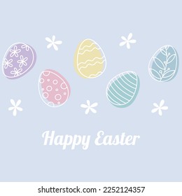 Happy Easter greeting card with doodle eggs and flowers border on light purple background. Vector graphic design.