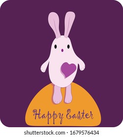 Happy easter greeting card. Editable Vector illustration of pink bunny rabbit doll sitting on a golden egg. Lettering "Happy Easter".