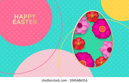 Happy Easter greeting card of egg paper cut flowers decoration for Easter Hunt or He is Risen holiday. Vector spring flowers and golden text lettering for Easter poster or sale web banner