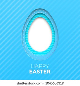 Happy Easter greeting card of egg paper cut for Easter Hunt on blue color holiday papercut pattern background
