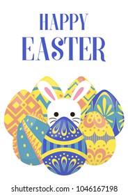 happy easter greeting card, easter egg hunt template, egg around bunny concept, vector illustration
