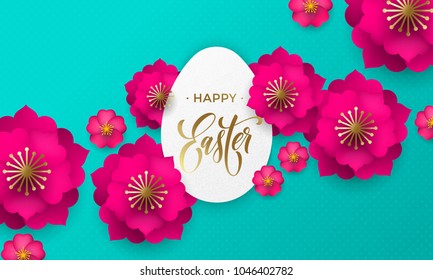 Happy Easter greeting card of egg paper cut, spring flowers and gold text on floral pattern background for Easter Hunt holiday papercut design