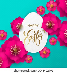 Happy Easter greeting card of egg paper cut and flowers pattern for Easter Hunt or He is Risen holiday celebration. Vector papercut floral design with gold text for Easter poster or web banner