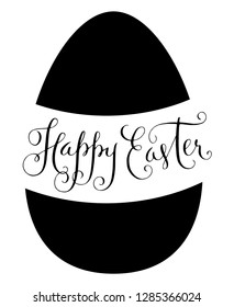 Happy Easter greeting card. Egg symbol and hand lettering vector illustration. Black isolated over white.