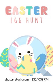 happy easter greeting card, egg hunt template, rabbit behind egg magnifying glass concept, vector illustration