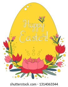 Happy Easter! Greeting card with easter egg and bouquet of flowers. Vector color illustration for Easter holiday. Spring