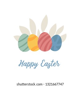 Happy Easter greeting card with egg hunt game, square white background. Colored decorated eggs, simple ornament design. Scandinavian hygge style with potted plants. Vector illustration.