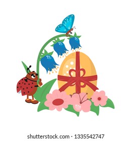 Happy Easter greeting card with egg, cute butterfly and ladybug. Vector illustration.