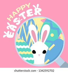 happy easter greeting card, egg hunt template, rabbit behind egg magnifying glass concept, vector illustration