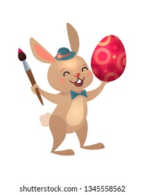 Happy Easter greeting card with Egg and Bunny. Brown Cute Easter Bunny with Colorful Egg. Vector illustration.