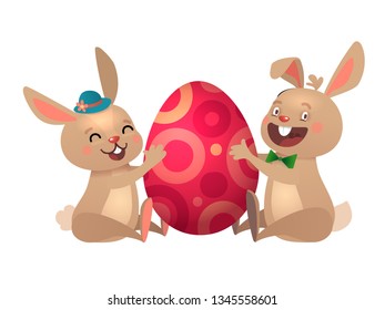 Happy Easter greeting card with Egg and Bunny. Brown Cute Easter Bunny with Colorful Egg. Vector illustration.