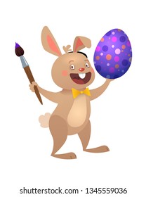 Happy Easter greeting card with Egg and Bunny. Brown Cute Easter Bunny with Colorful Egg. Vector illustration.