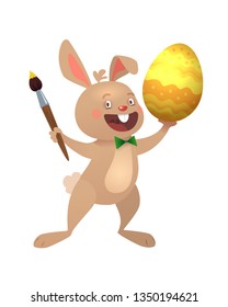 Happy Easter greeting card with Egg and Bunny. Brown Cute Easter Bunny with Brush and Colorful Egg. Vector illustration.