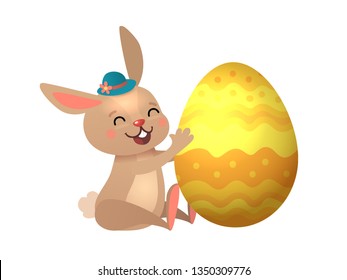 Happy Easter greeting card with Egg and Bunny. Funny Brown Cute Easter Bunny with Colorful Egg. Vector illustration.