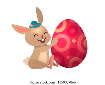 Happy Easter greeting card with Egg and Bunny. Funny Brown Cute Easter Bunny with Colorful Egg. Vector illustration.