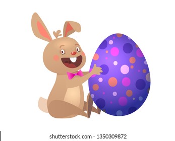 Happy Easter greeting card with Egg and Bunny. Funny Brown Cute Easter Bunny with Colorful Egg. Vector illustration.