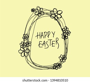 Happy Easter greeting card with easter egg and handwritten holiday wishes on yellow background. Vector illustration