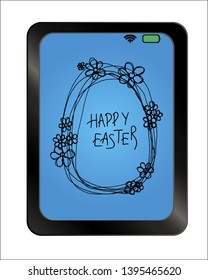 Happy Easter greeting card with easter egg and handwritten holiday wishes on background plate. Vector illustration