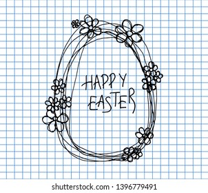 Happy Easter greeting card with easter egg and handwritten holiday wishes on copybook background. Vector illustration