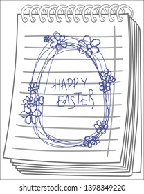 Happy Easter greeting card with easter egg and handwritten holiday wishes on notebook background. Vector illustration