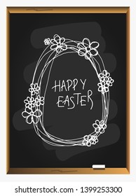 Happy Easter greeting card with easter egg and handwritten holiday wishes on blackboard background. Vector illustration