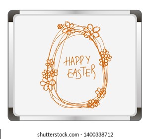 Happy Easter greeting card with easter egg and handwritten holiday wishes on flip chart background. Vector illustration