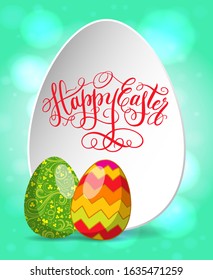 Happy Easter greeting card. Egg symbols and hand drawn lettering vector spring illustration.