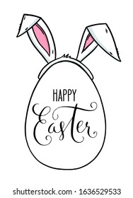 Happy Easter greeting card. An egg with bunny ears and hand drawn lettering. Vector holiday illustration.